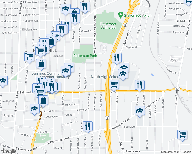 map of restaurants, bars, coffee shops, grocery stores, and more near 677 Patterson Avenue in Akron