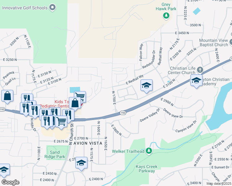 map of restaurants, bars, coffee shops, grocery stores, and more near 3171 East Whitetail Way in Layton