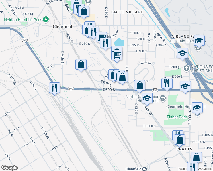 map of restaurants, bars, coffee shops, grocery stores, and more near 470 East 625 South in Clearfield