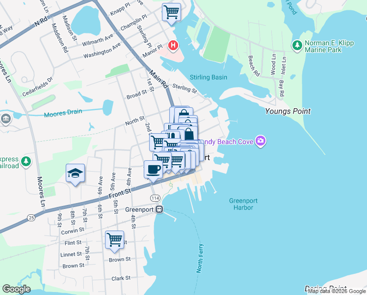 map of restaurants, bars, coffee shops, grocery stores, and more near 441 Main Street in Greenport