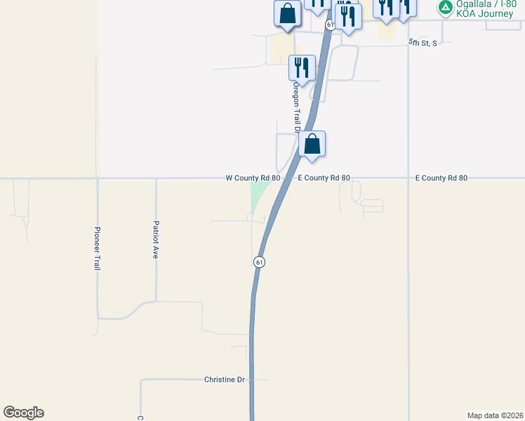 map of restaurants, bars, coffee shops, grocery stores, and more near Oregon Trail Drive in Ogallala