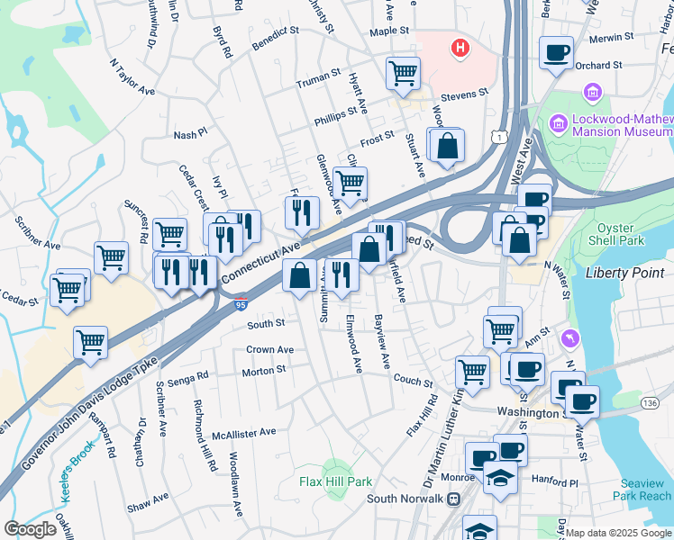 map of restaurants, bars, coffee shops, grocery stores, and more near 92 Cedar Street in Norwalk