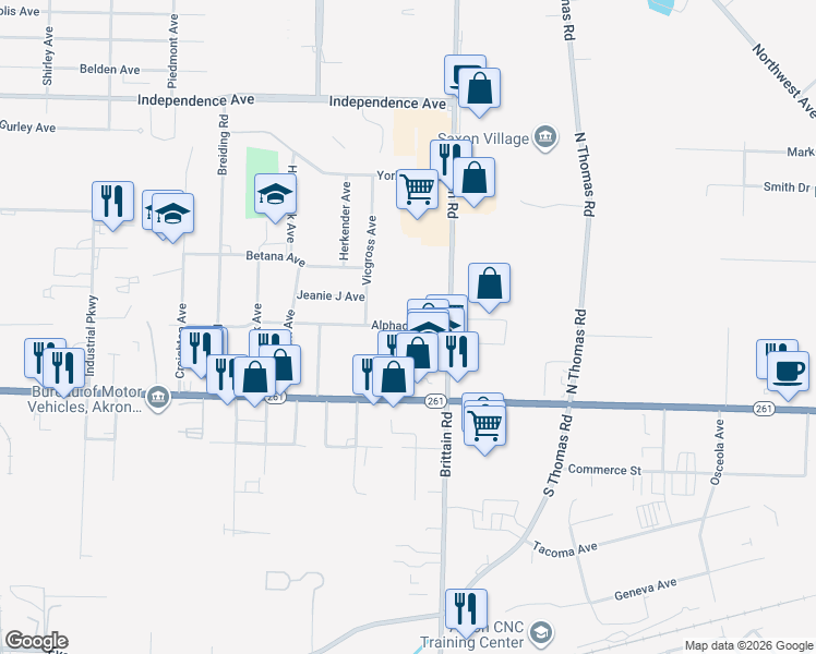 map of restaurants, bars, coffee shops, grocery stores, and more near 1469 Alphada Avenue in Akron