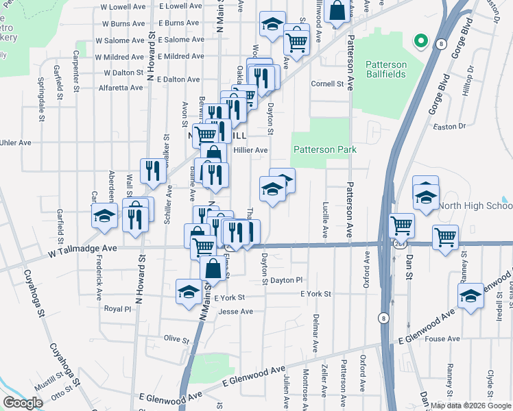 map of restaurants, bars, coffee shops, grocery stores, and more near 702 Thayer Street in Akron