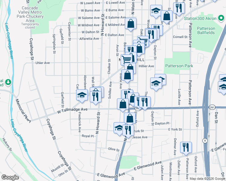 map of restaurants, bars, coffee shops, grocery stores, and more near 703 Schiller Avenue in Akron
