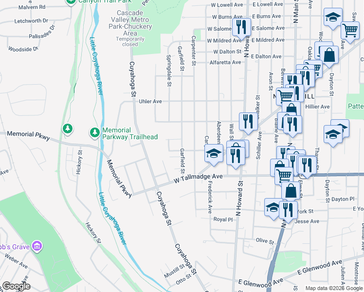 map of restaurants, bars, coffee shops, grocery stores, and more near 702 Garfield Street in Akron