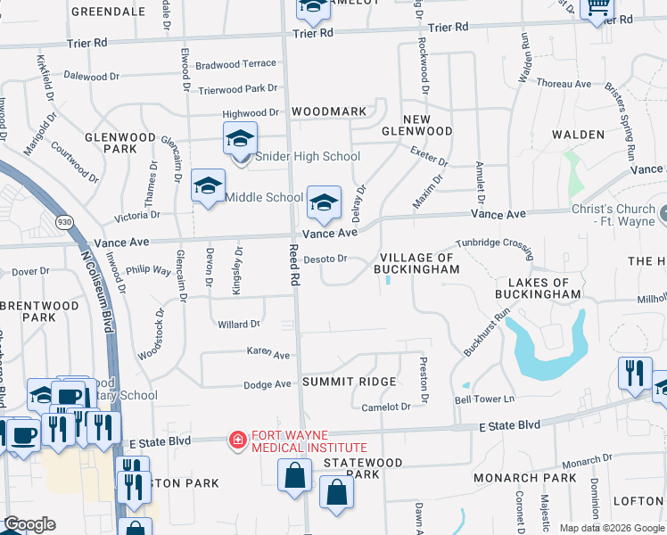 map of restaurants, bars, coffee shops, grocery stores, and more near 4903 Desoto Dr in Fort Wayne