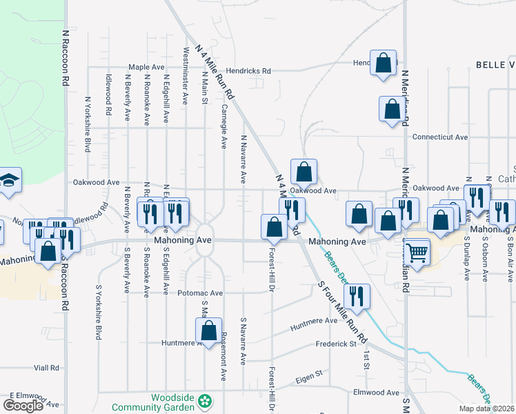 map of restaurants, bars, coffee shops, grocery stores, and more near 68 Kenmar Court in Youngstown