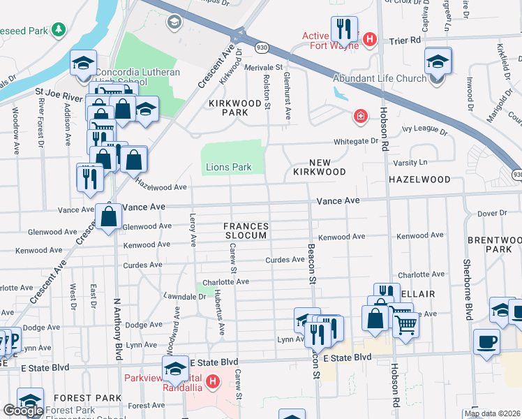 map of restaurants, bars, coffee shops, grocery stores, and more near 2518 Vance Avenue in Fort Wayne