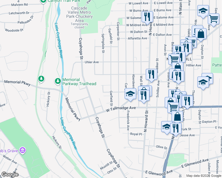 map of restaurants, bars, coffee shops, grocery stores, and more near 702 Garfield Street in Akron