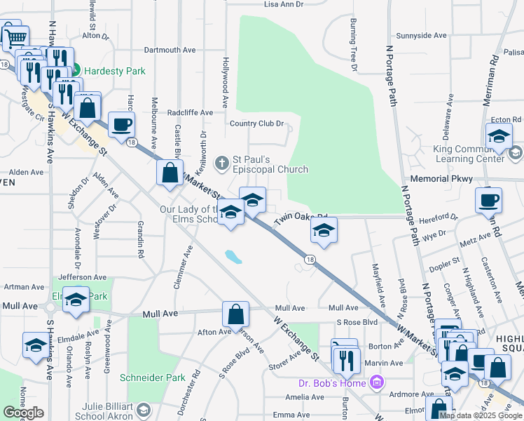 map of restaurants, bars, coffee shops, grocery stores, and more near 1280 Culpepper Drive in Akron