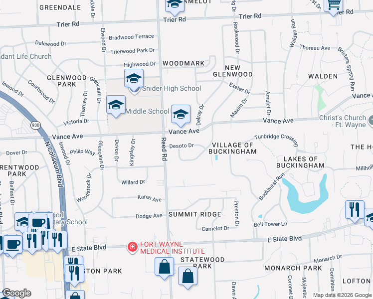 map of restaurants, bars, coffee shops, grocery stores, and more near 4903 Desoto Dr in Fort Wayne