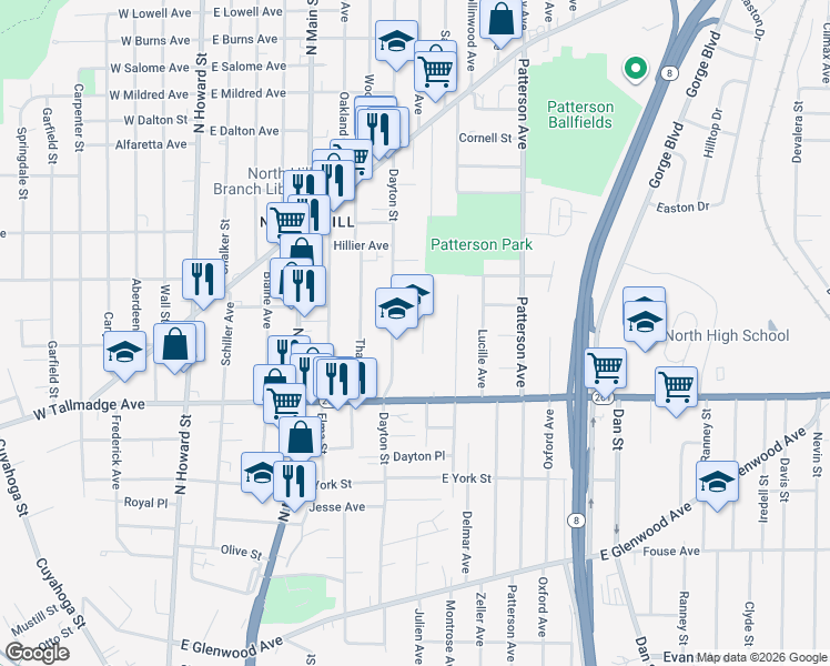 map of restaurants, bars, coffee shops, grocery stores, and more near 225 East Tallmadge Avenue in Akron