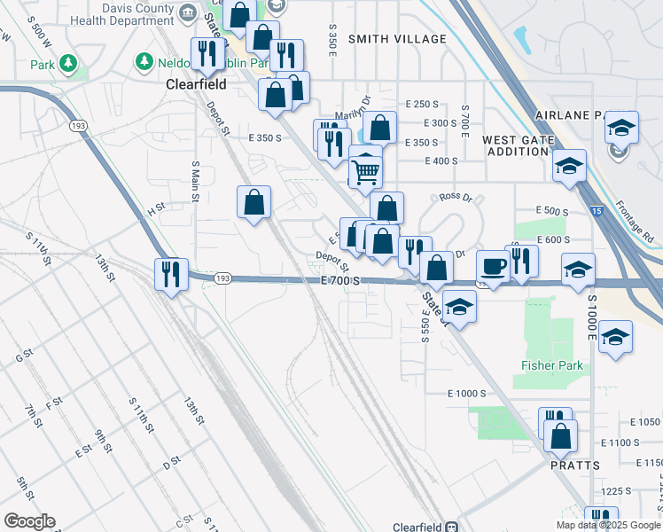map of restaurants, bars, coffee shops, grocery stores, and more near 462 East 625 South in Clearfield