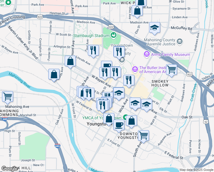 map of restaurants, bars, coffee shops, grocery stores, and more near 287 Elm Street in Youngstown