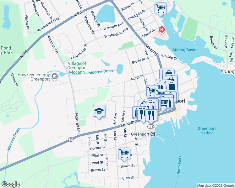 map of restaurants, bars, coffee shops, grocery stores, and more near 516 Madison Avenue in Greenport