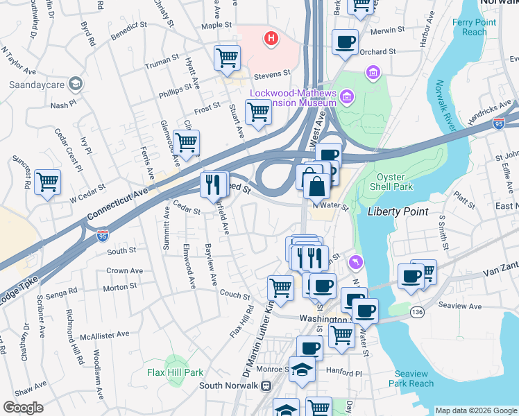map of restaurants, bars, coffee shops, grocery stores, and more near 11 Rockridge Drive in Norwalk