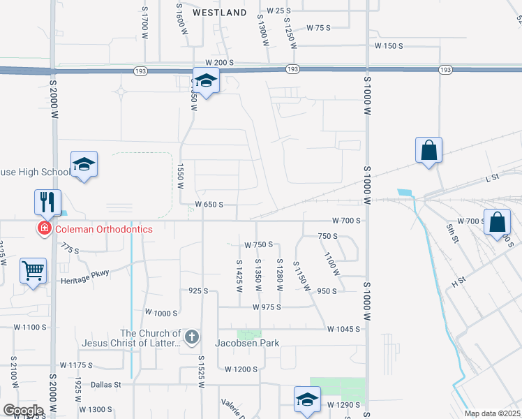 map of restaurants, bars, coffee shops, grocery stores, and more near 1341 West 650 South in Syracuse
