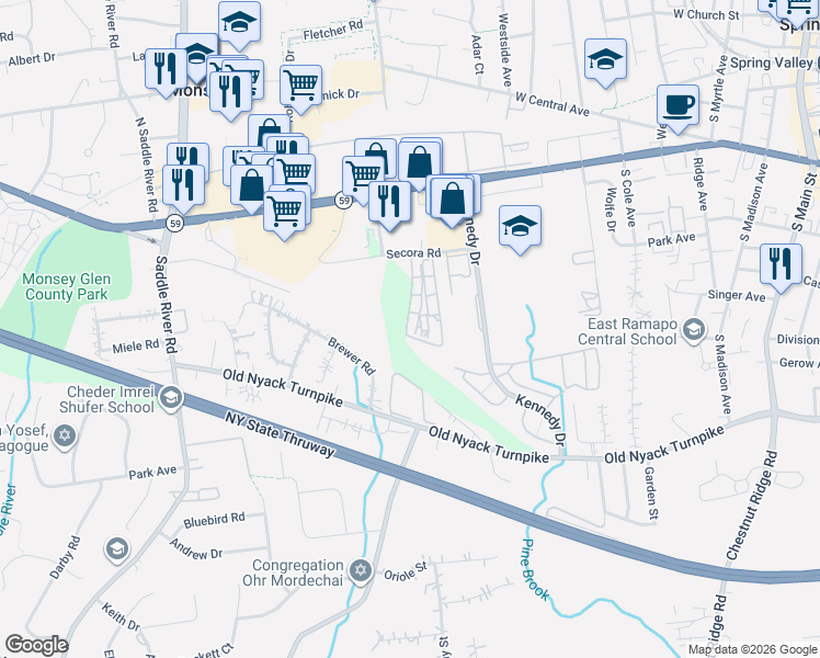 map of restaurants, bars, coffee shops, grocery stores, and more near 7 Secora Road in Ramapo