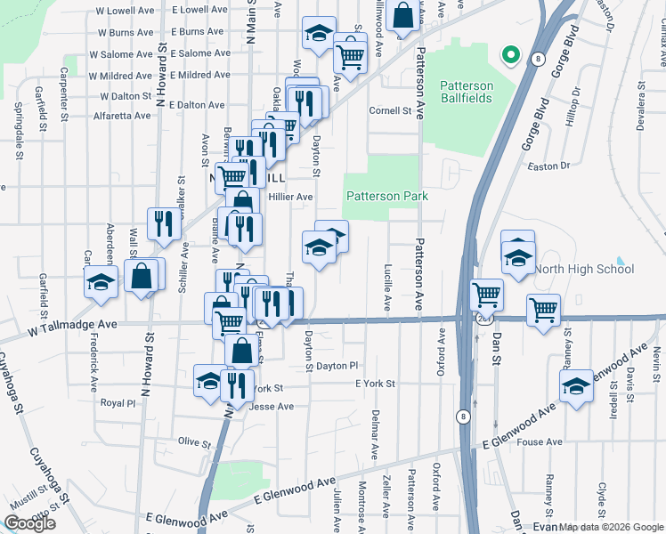 map of restaurants, bars, coffee shops, grocery stores, and more near 227 East Tallmadge Avenue in Akron