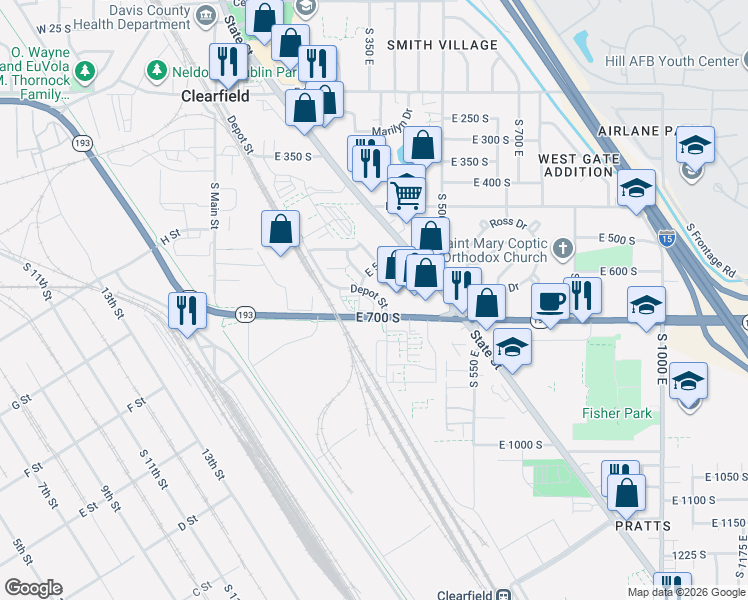 map of restaurants, bars, coffee shops, grocery stores, and more near 116 Depot Street in Clearfield