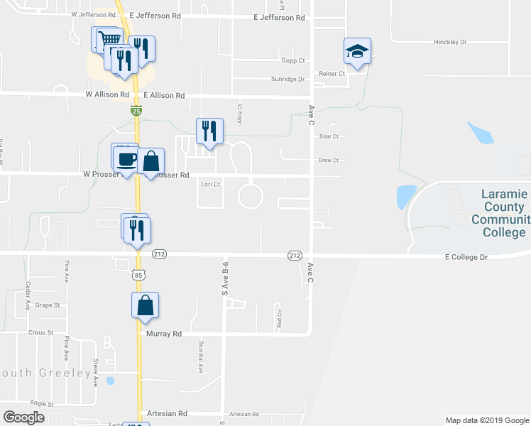 map of restaurants, bars, coffee shops, grocery stores, and more near 609 East Prosser Road in Cheyenne
