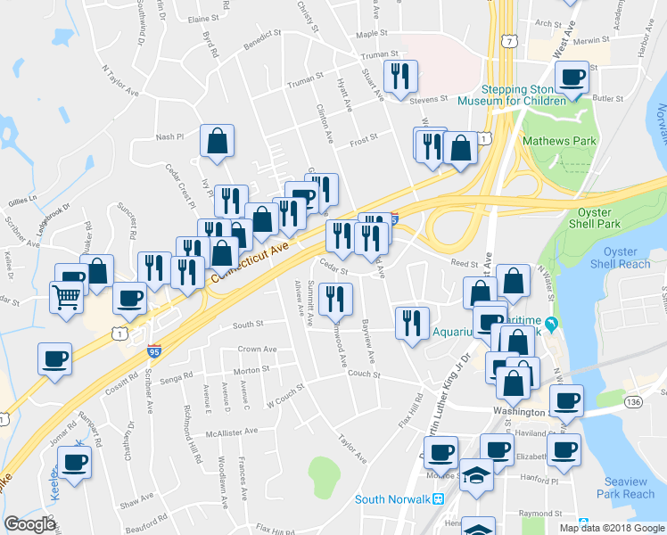 map of restaurants, bars, coffee shops, grocery stores, and more near 92 Cedar Street in Norwalk