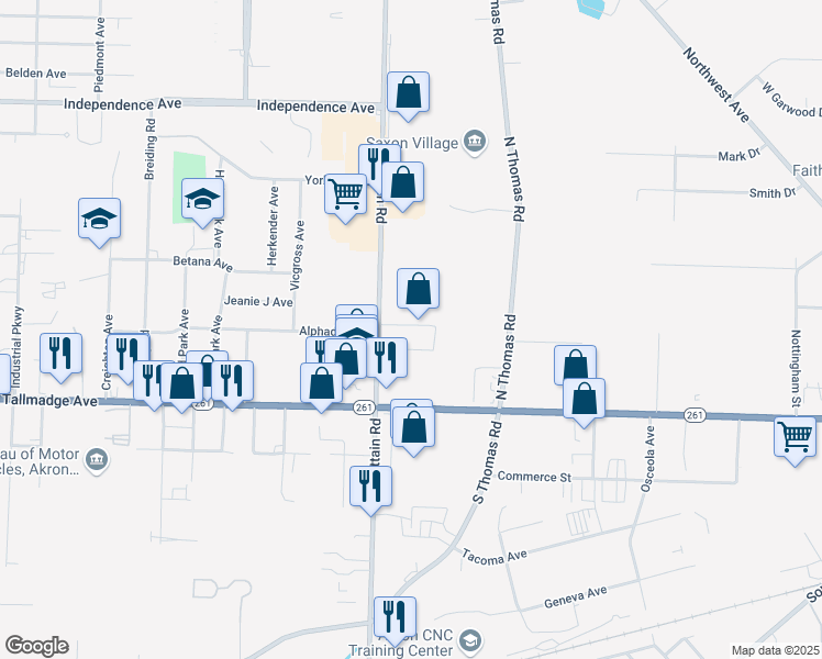 map of restaurants, bars, coffee shops, grocery stores, and more near 1533 Brittain Circle in Tallmadge