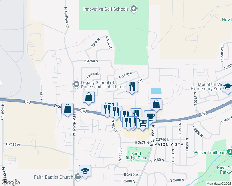 map of restaurants, bars, coffee shops, grocery stores, and more near in Layton
