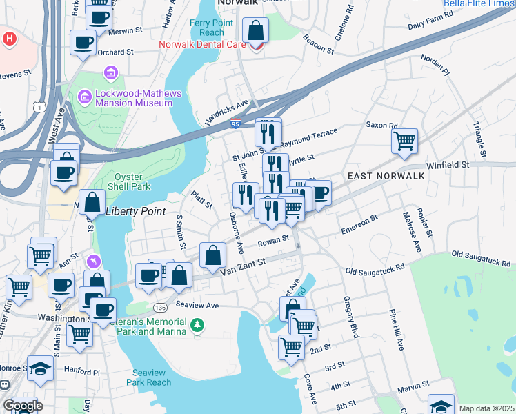 map of restaurants, bars, coffee shops, grocery stores, and more near 1 Edlie Avenue in Norwalk