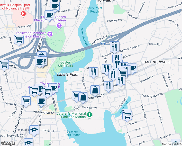 map of restaurants, bars, coffee shops, grocery stores, and more near 13 Platt Street in Norwalk
