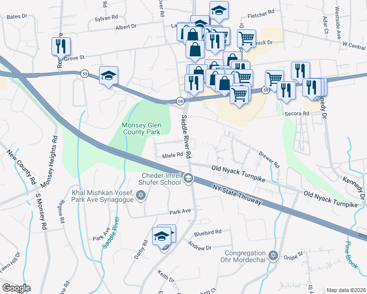 map of restaurants, bars, coffee shops, grocery stores, and more near 156 Saddle River Road in Airmont