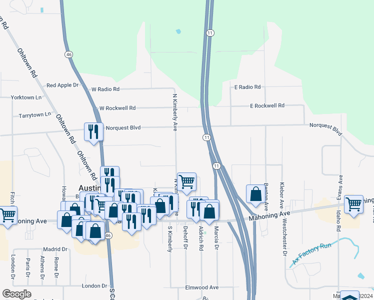 map of restaurants, bars, coffee shops, grocery stores, and more near 131 North Kimberly Avenue in Youngstown