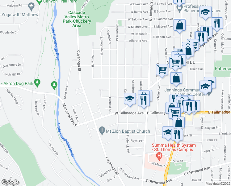map of restaurants, bars, coffee shops, grocery stores, and more near 703 Carpenter Street in Akron