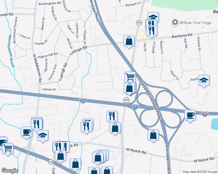 map of restaurants, bars, coffee shops, grocery stores, and more near 61 Dustman Lane in Bardonia