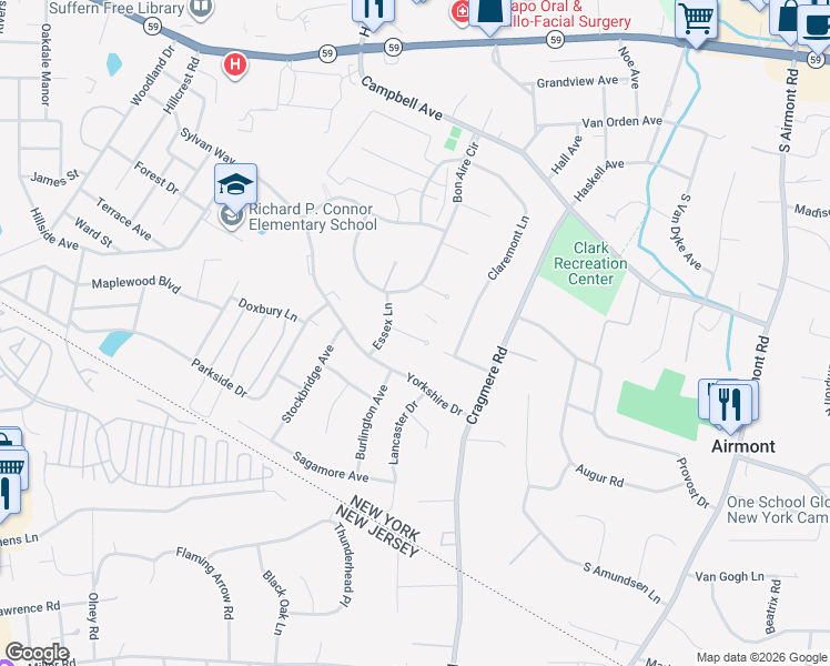 map of restaurants, bars, coffee shops, grocery stores, and more near 9 Revere Court in Suffern