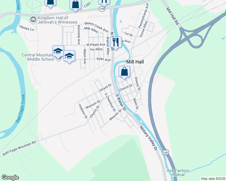 map of restaurants, bars, coffee shops, grocery stores, and more near 107 Danis Street in Mill Hall
