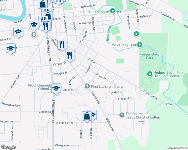 map of restaurants, bars, coffee shops, grocery stores, and more near 75 Gross Street in Tiffin
