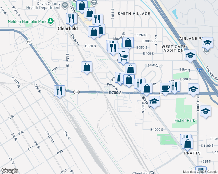 map of restaurants, bars, coffee shops, grocery stores, and more near 446 Depot Street in Clearfield