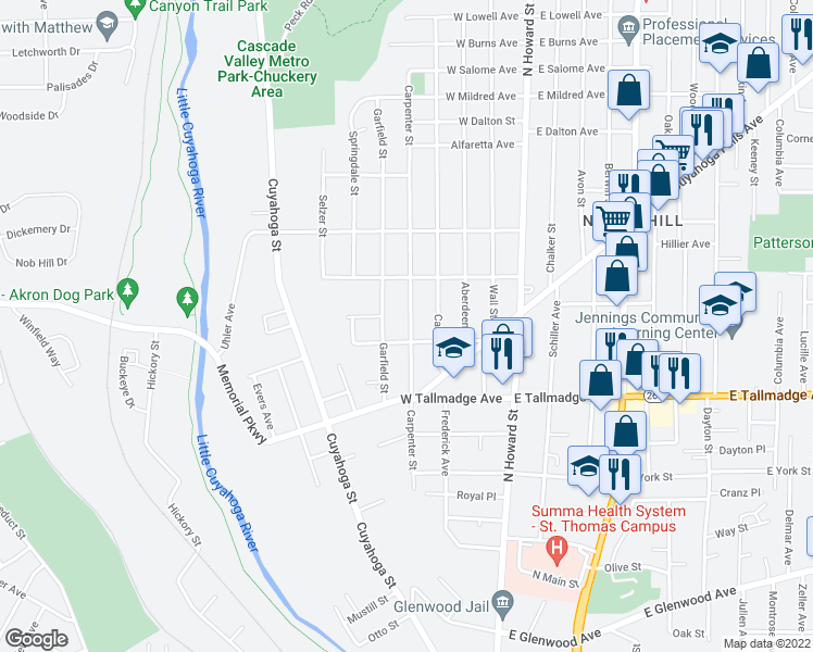 map of restaurants, bars, coffee shops, grocery stores, and more near 692 Carpenter Street in Akron