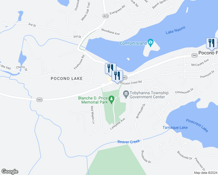 map of restaurants, bars, coffee shops, grocery stores, and more near 1898 Pennsylvania 940 in Pocono Pines