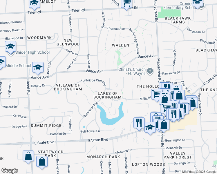 map of restaurants, bars, coffee shops, grocery stores, and more near 2925 Seafarer Cove in Fort Wayne