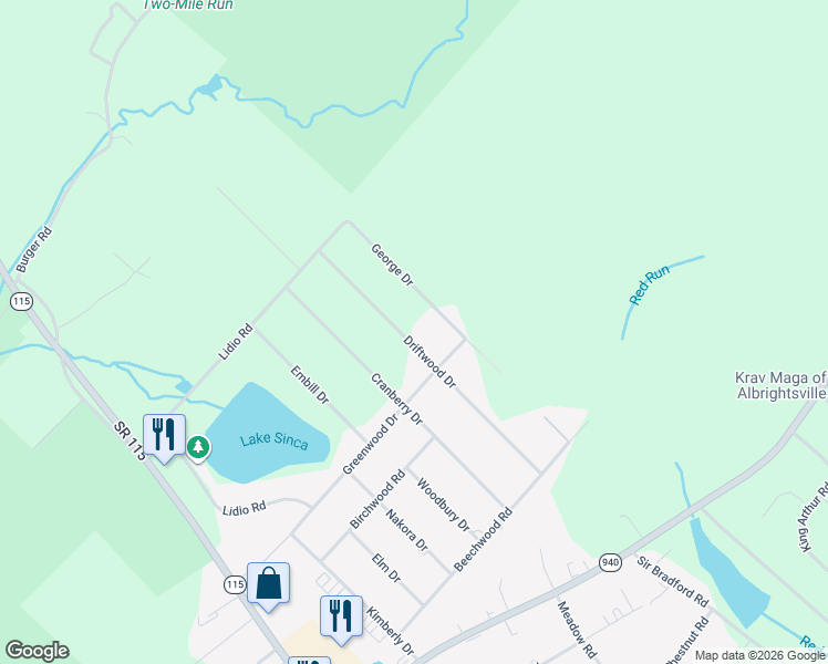 map of restaurants, bars, coffee shops, grocery stores, and more near 118 Driftwood Drive in Blakeslee