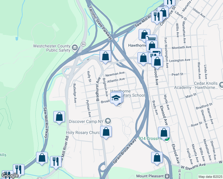 map of restaurants, bars, coffee shops, grocery stores, and more near 90 Amsterdam Avenue in Hawthorne