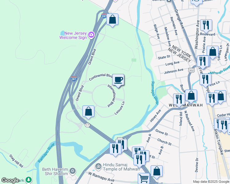 map of restaurants, bars, coffee shops, grocery stores, and more near 1 International Boulevard in Mahwah
