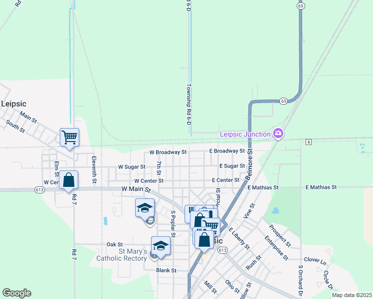 map of restaurants, bars, coffee shops, grocery stores, and more near 305 North Eastom Street in Leipsic