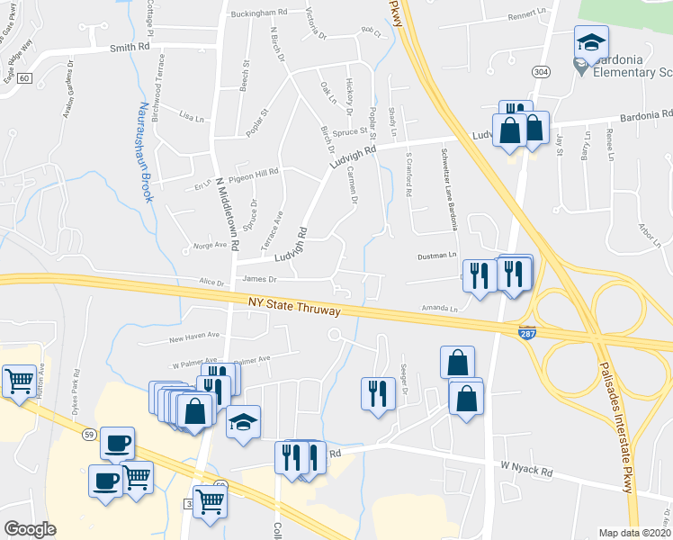 map of restaurants, bars, coffee shops, grocery stores, and more near 1 Jeanne Marie Gardens in Nanuet