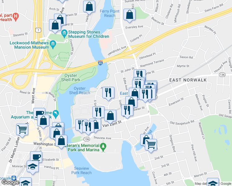 map of restaurants, bars, coffee shops, grocery stores, and more near 55 Osborne Avenue in Norwalk