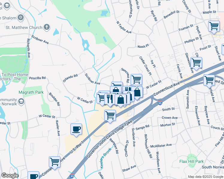 map of restaurants, bars, coffee shops, grocery stores, and more near 164 West Cedar Street in Norwalk