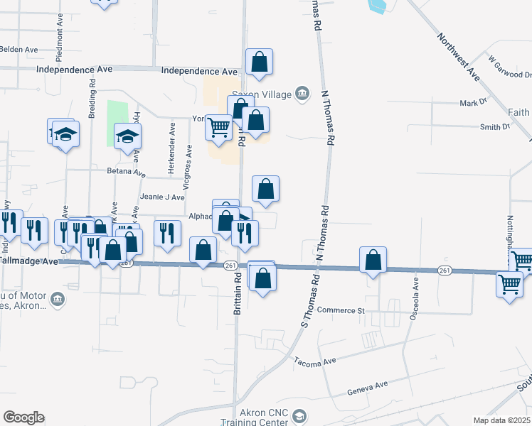 map of restaurants, bars, coffee shops, grocery stores, and more near 1533 Brittain Circle in Tallmadge